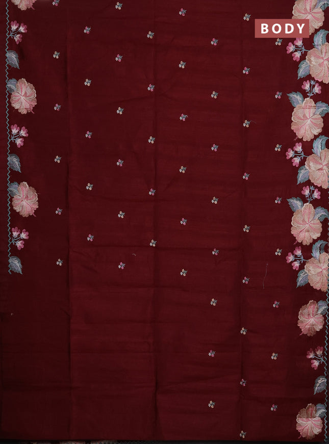 Semi raw silk saree deep maroon with embroidery buttas and floral embroidery border