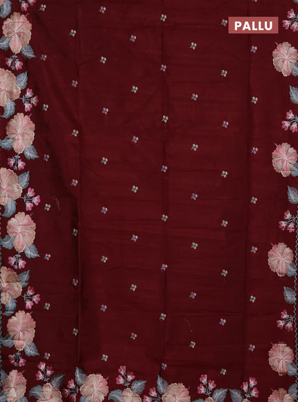 Semi raw silk saree deep maroon with embroidery buttas and floral embroidery border