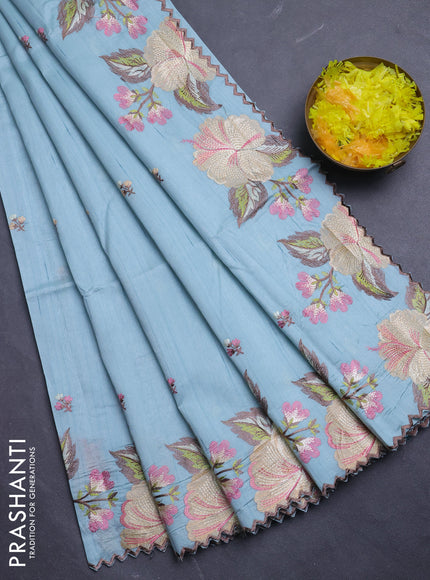 Semi raw silk saree pastel blue with embroidery buttas and floral embroidery border