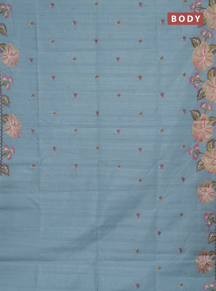 Semi raw silk saree pastel blue with embroidery buttas and floral embroidery border