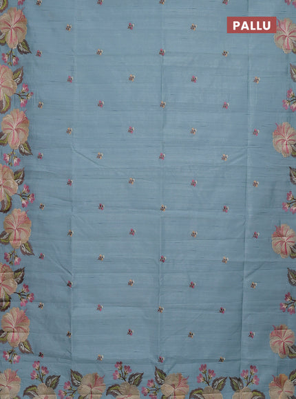 Semi raw silk saree pastel blue with embroidery buttas and floral embroidery border