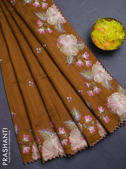Semi raw silk saree mustard yellow with embroidery buttas and floral embroidery border