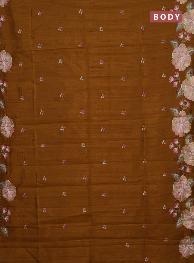 Semi raw silk saree mustard yellow with embroidery buttas and floral embroidery border