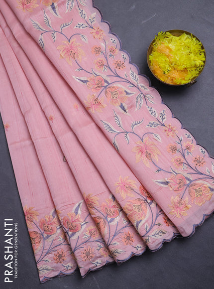 Semi raw silk saree peach with embroidery buttas and floral embroidery border
