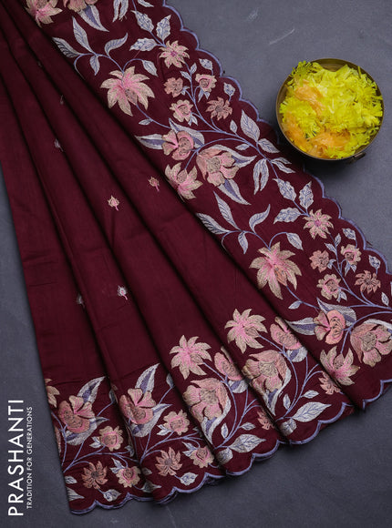 Semi raw silk saree deep maroon with embroidery buttas and floral embroidery border