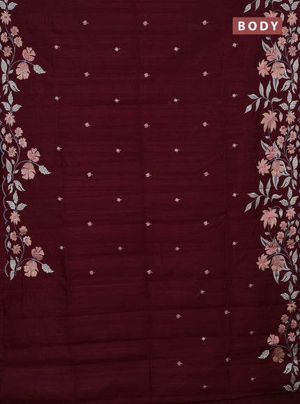 Semi raw silk saree deep maroon with embroidery buttas and floral embroidery border