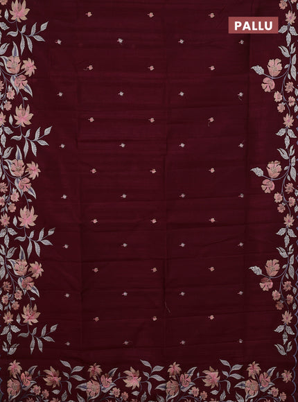 Semi raw silk saree deep maroon with embroidery buttas and floral embroidery border