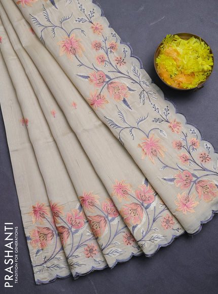 Semi raw silk saree beige with embroidery buttas and floral embroidery border