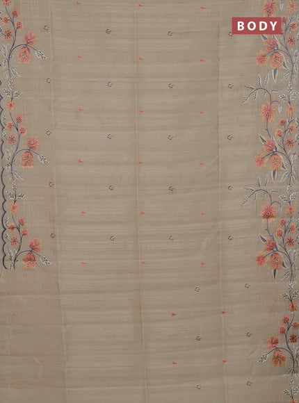 Semi raw silk saree beige with embroidery buttas and floral embroidery border