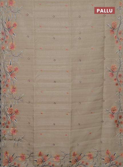 Semi raw silk saree beige with embroidery buttas and floral embroidery border