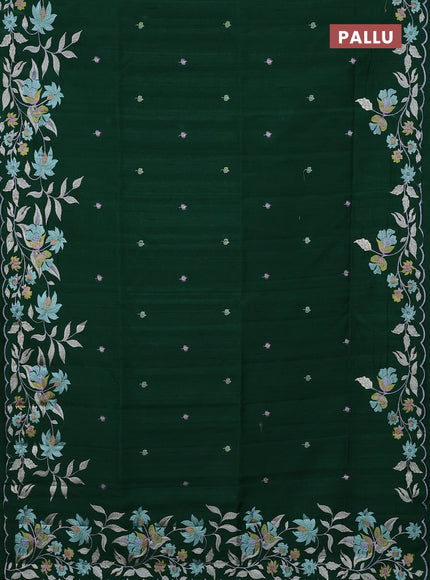 Semi raw silk saree bottle green with embroidery buttas and floral embroidery border