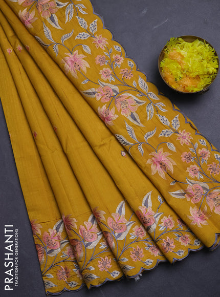 Semi raw silk saree mustard yellow with embroidery buttas and floral embroidery border