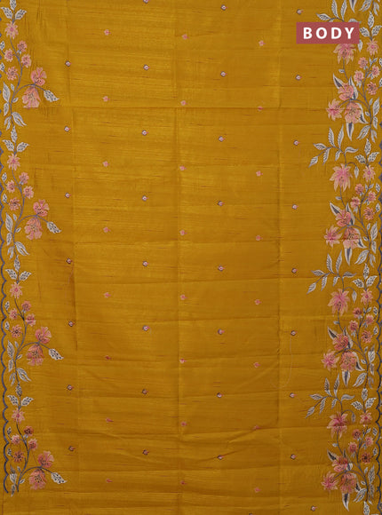 Semi raw silk saree mustard yellow with embroidery buttas and floral embroidery border