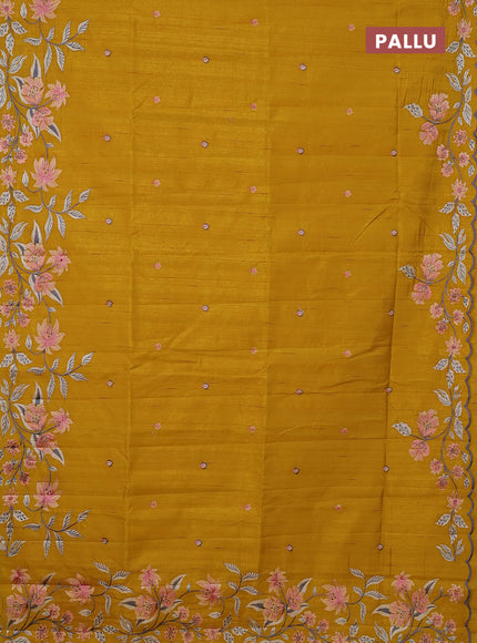 Semi raw silk saree mustard yellow with embroidery buttas and floral embroidery border