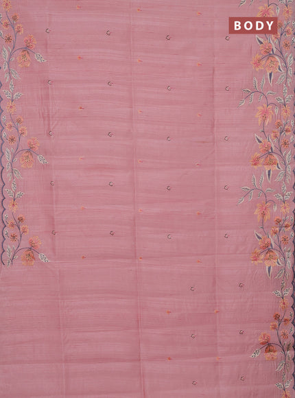 Semi raw silk saree peach with embroidery buttas and floral embroidery border