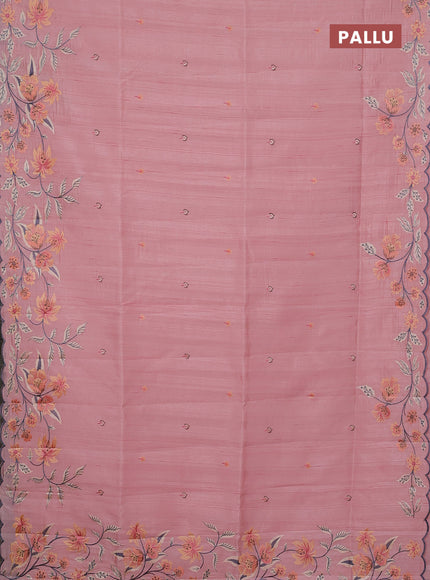 Semi raw silk saree peach with embroidery buttas and floral embroidery border