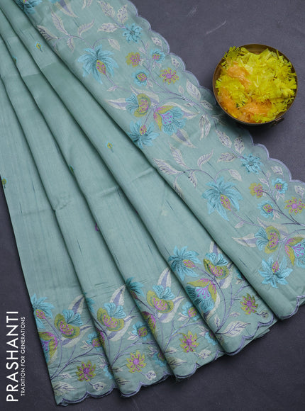 Semi raw silk saree pastel green with embroidery buttas and floral embroidery border