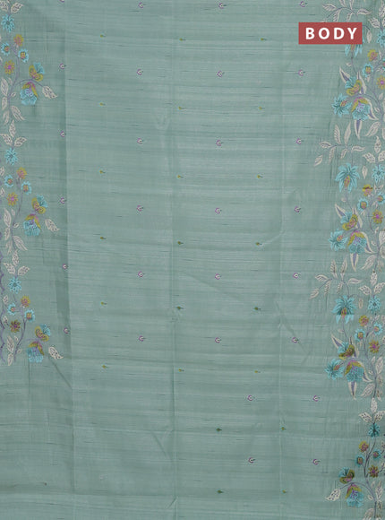 Semi raw silk saree pastel green with embroidery buttas and floral embroidery border
