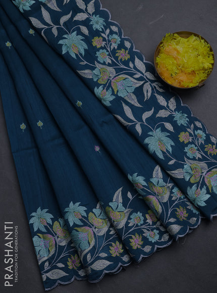 Semi raw silk saree peacock blue with embroidery buttas and floral embroidery border