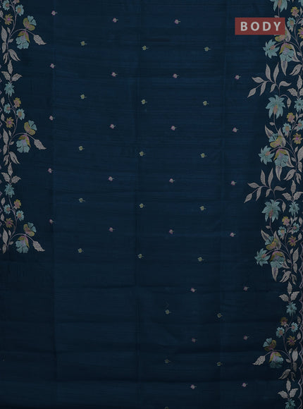 Semi raw silk saree peacock blue with embroidery buttas and floral embroidery border