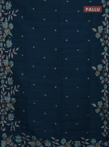 Semi raw silk saree peacock blue with embroidery buttas and floral embroidery border