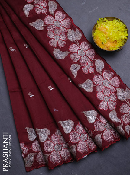 Semi raw silk saree deep maroon with embroidery buttas and floral embroidery border