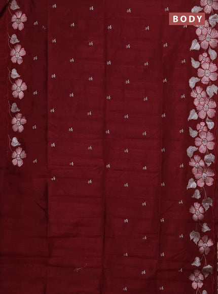 Semi raw silk saree deep maroon with embroidery buttas and floral embroidery border