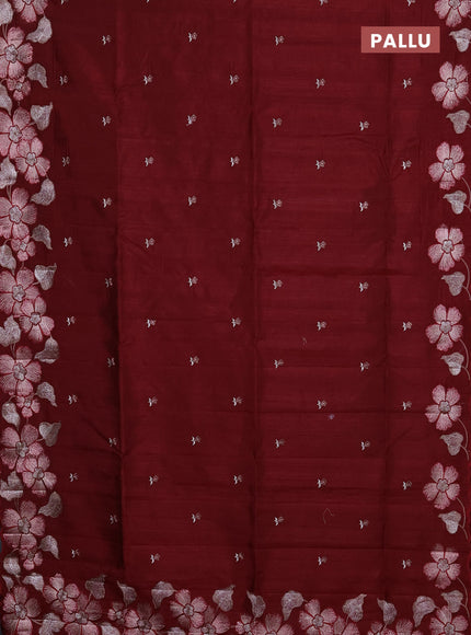 Semi raw silk saree deep maroon with embroidery buttas and floral embroidery border