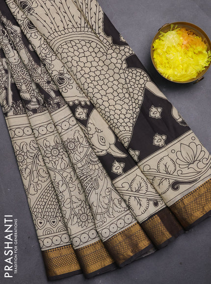 Kalamkari semi silk saree beige and black with allover prints and mangalgiri border