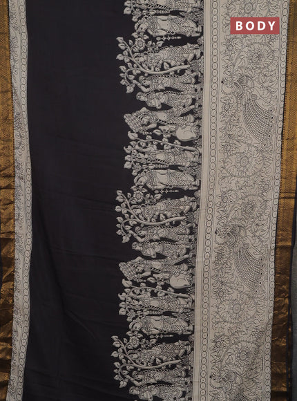 Kalamkari semi silk saree beige and black with allover prints and mangalgiri border