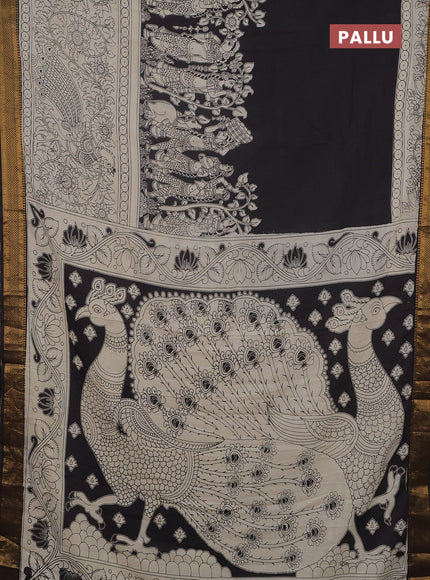 Kalamkari semi silk saree beige and black with allover prints and mangalgiri border