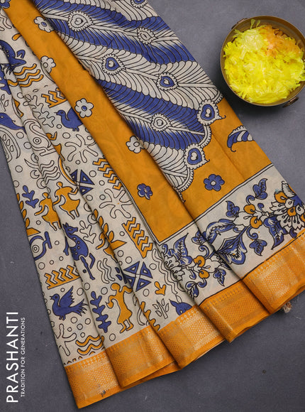 Kalamkari semi silk saree beige and mustard yellow with allover prints and mangalgiri border