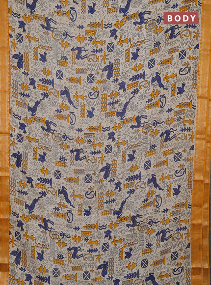 Kalamkari semi silk saree beige and mustard yellow with allover prints and mangalgiri border