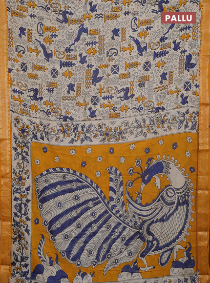 Kalamkari semi silk saree beige and mustard yellow with allover prints and mangalgiri border