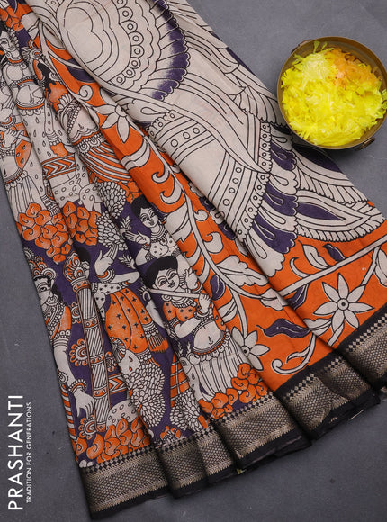 Kalamkari semi silk saree deep violet and black with allover prints and mangalgiri border