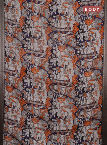 Kalamkari semi silk saree deep violet and black with allover prints and mangalgiri border