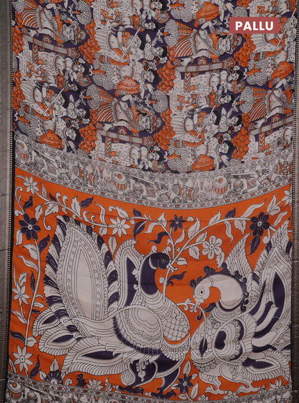Kalamkari semi silk saree deep violet and black with allover prints and mangalgiri border