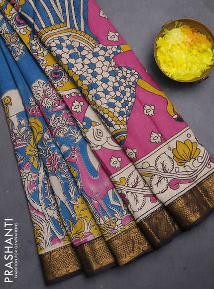 Kalamkari semi silk saree cs blue and black with allover prints and mangalgiri border