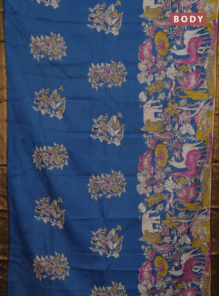 Kalamkari semi silk saree cs blue and black with allover prints and mangalgiri border