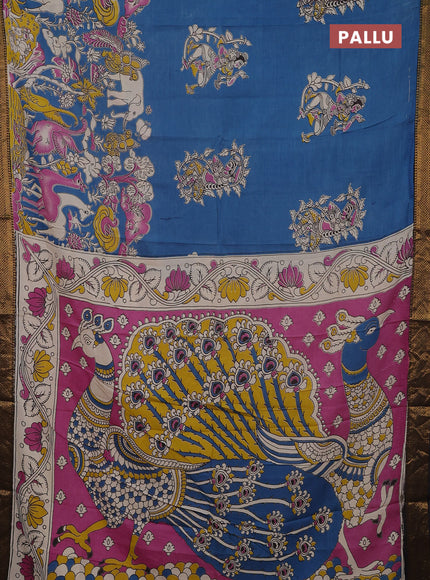 Kalamkari semi silk saree cs blue and black with allover prints and mangalgiri border