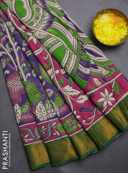 Kalamkari semi silk saree lavender and green with allover prints and mangalgiri border