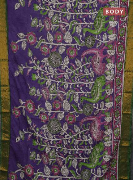 Kalamkari semi silk saree lavender and green with allover prints and mangalgiri border