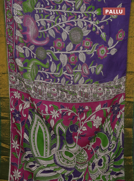 Kalamkari semi silk saree lavender and green with allover prints and mangalgiri border