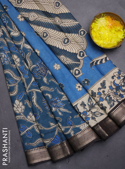 Kalamkari semi silk saree peacock green and black with allover prints and mangalgiri border