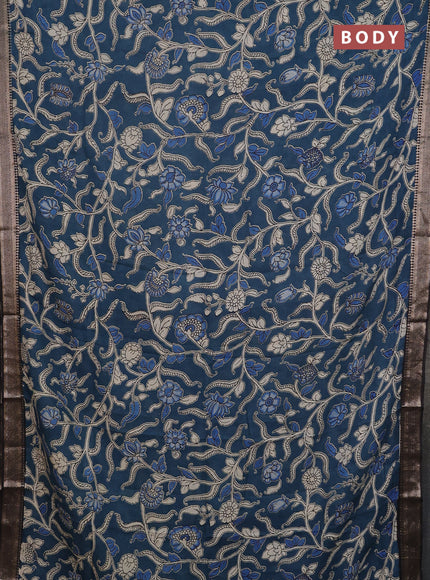 Kalamkari semi silk saree peacock green and black with allover prints and mangalgiri border