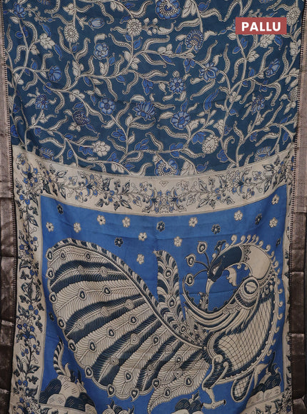Kalamkari semi silk saree peacock green and black with allover prints and mangalgiri border