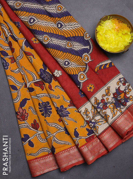 Kalamkari semi silk saree mango yellow and rust shade with allover prints and mangalgiri border