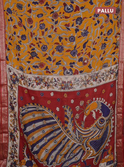 Kalamkari semi silk saree mango yellow and rust shade with allover prints and mangalgiri border