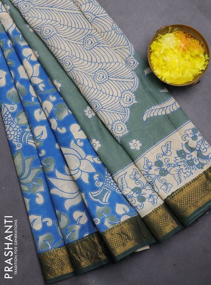 Kalamkari semi silk saree blue and bottle green with allover prints and mangalgiri border