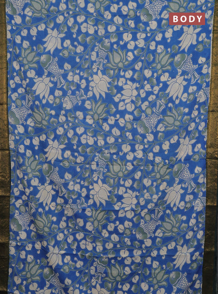 Kalamkari semi silk saree blue and bottle green with allover prints and mangalgiri border